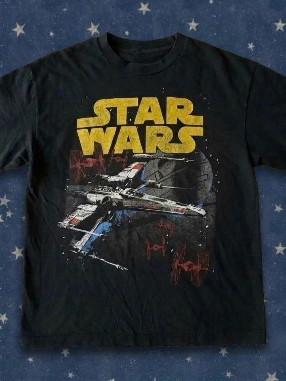 Star Wars Black T-Shirt with Yellow Logo and Multicolor X-Wing Graphic